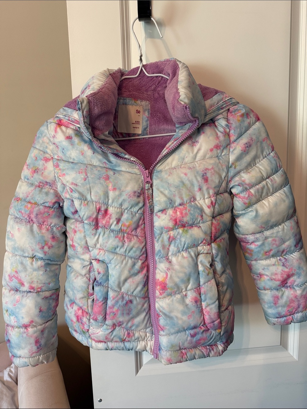 Girls' Plush-Lined Pastel Tie-Dye Puffer Jacket - Lavender Lining